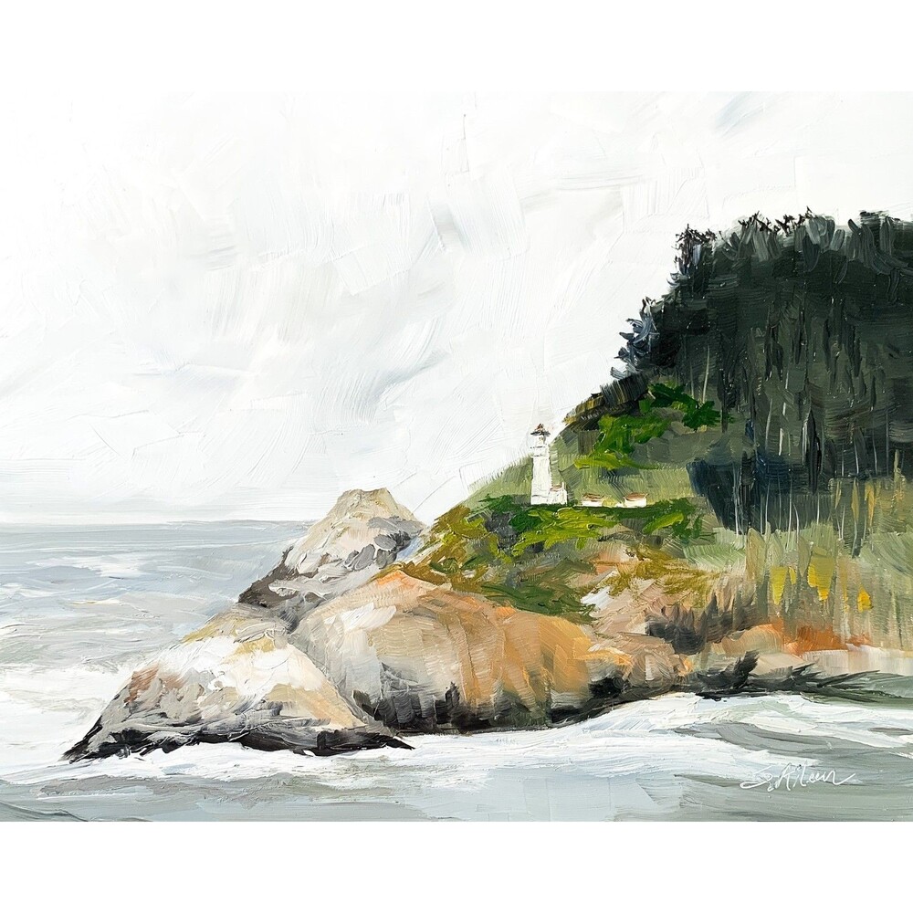 8x10 PNW Original Oil Painting Haceta Head Lighthouse Oregon Coast Ocean Signed